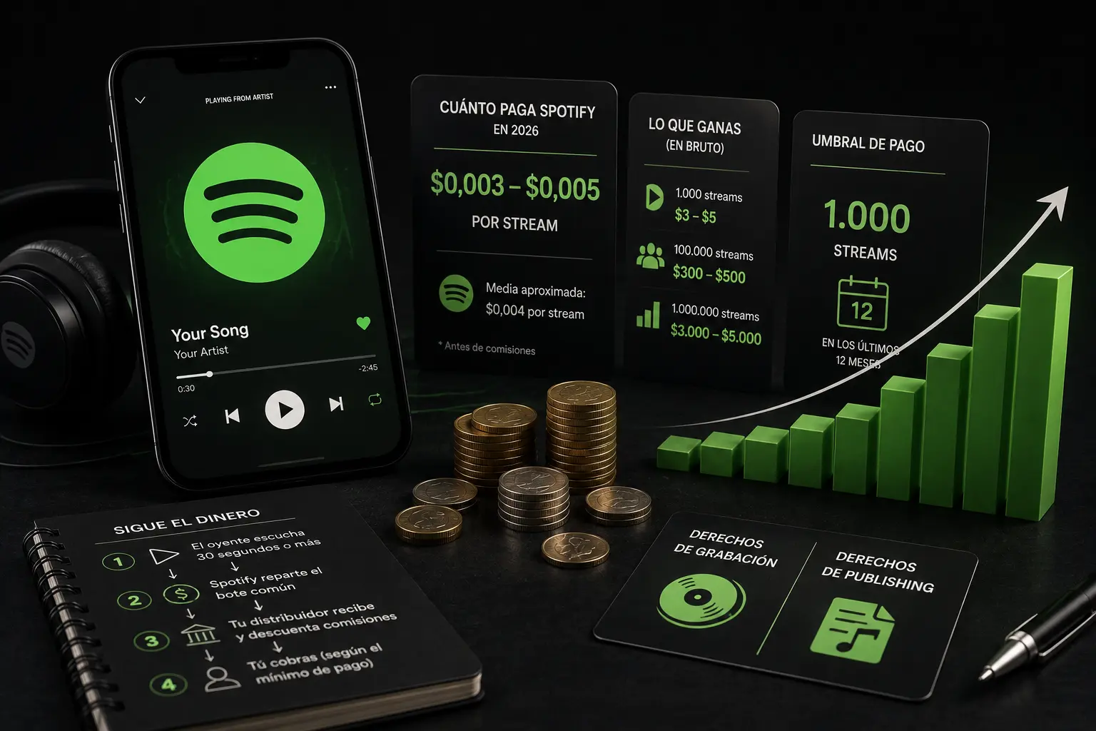 Cuánto paga Spotify en 2026: la cifra honesta (y el umbral de 1.000 streams que nadie te explicó)